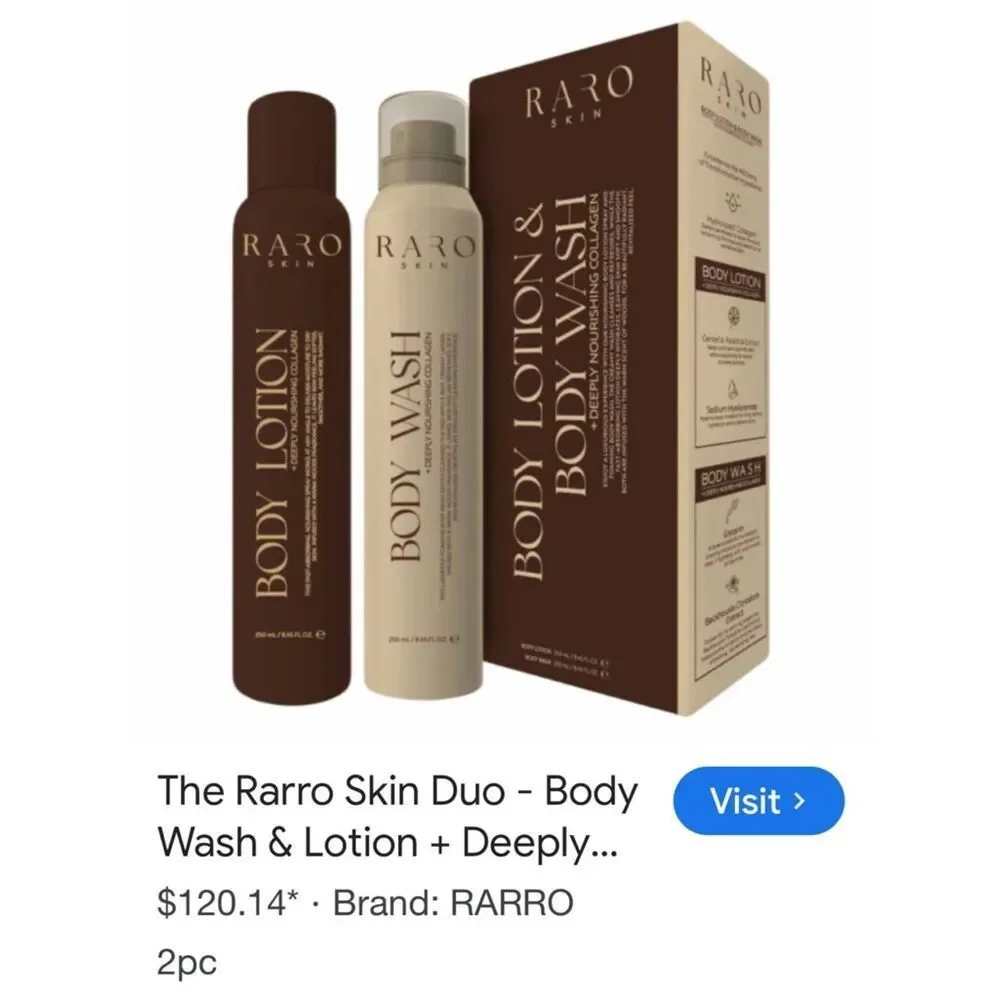 The Raro Skin Duo Body Wash & Lotion Deeply Nourishing Collagen NEW IN BOX $120